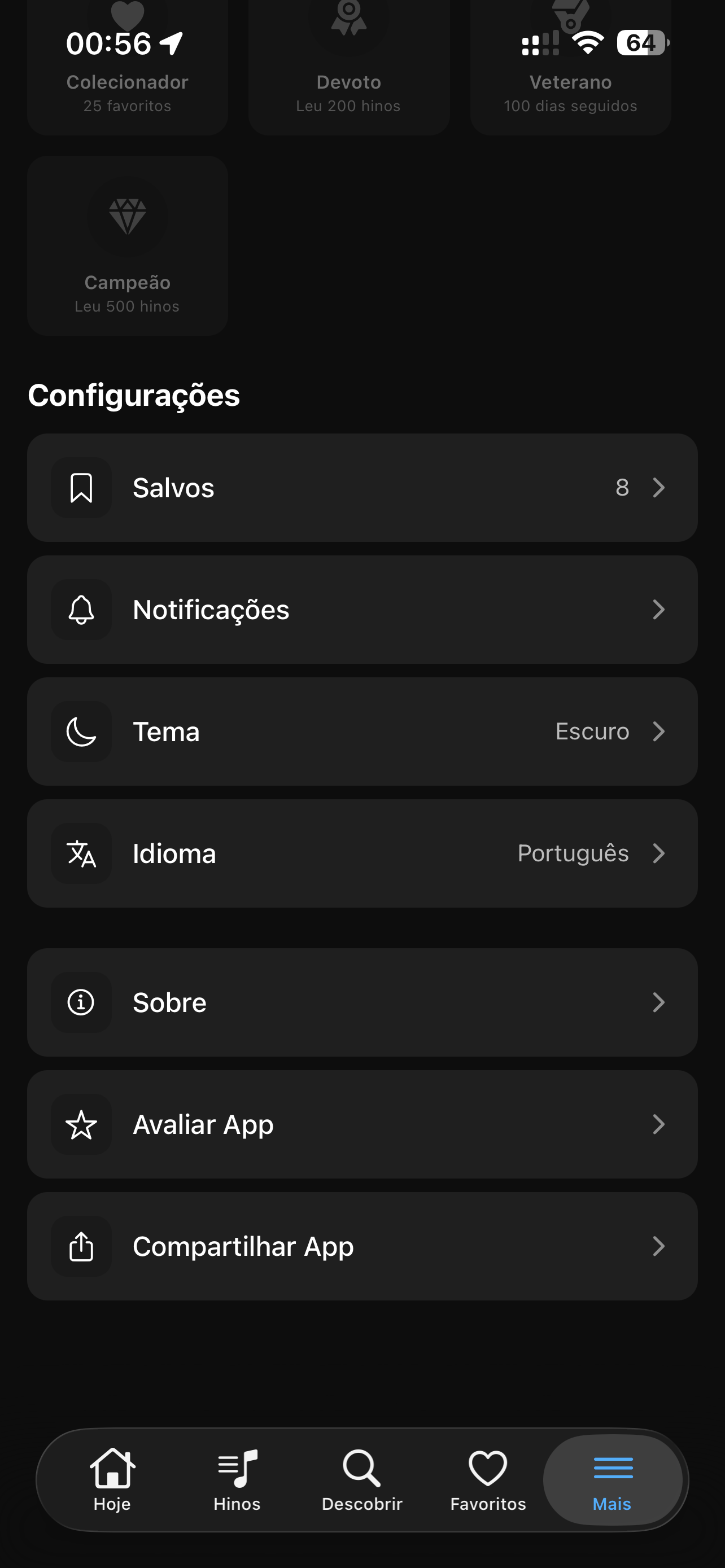 Tela de Configurações e mais opções do app